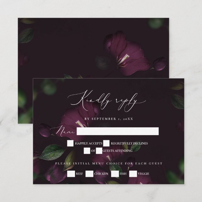 Moody Purple Blooms Gothic Wedding RSVP Card (Front/Back)