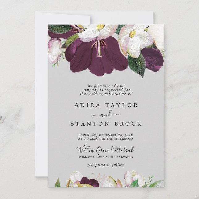 Moody Purple Blooms | Gray Formal Wedding Invitation (Front)