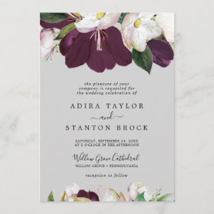 Moody Purple Blooms Gray Formal Wedding Invitation
