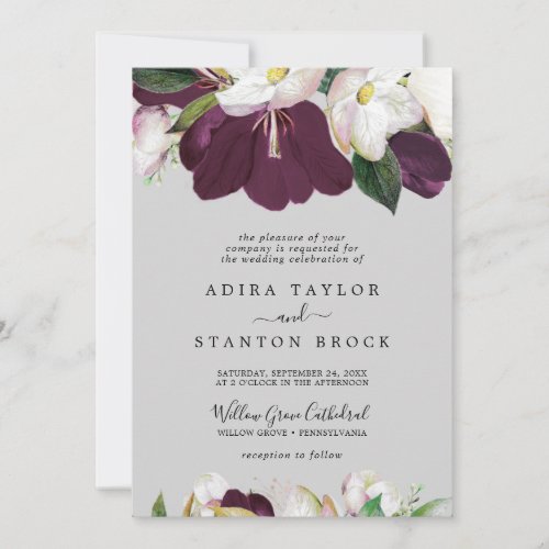 Moody Purple Blooms  Gray Formal Wedding Invitation