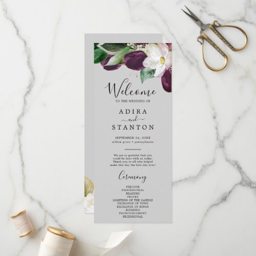 Moody Purple Blooms  Gray Wedding Program