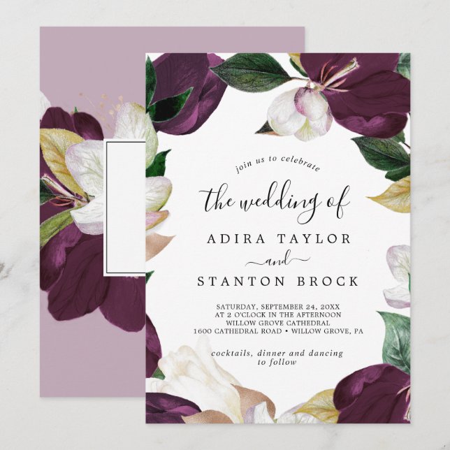 Moody Purple Blooms Lilac Back Wedding Invitation (Front/Back)