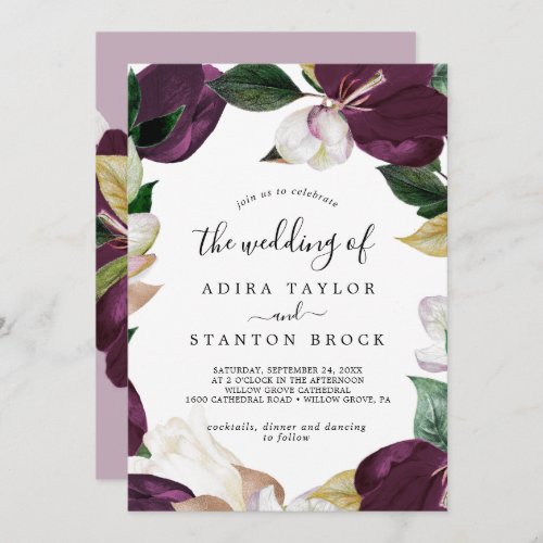 Moody Purple Blooms Lilac Back Wedding Invitation