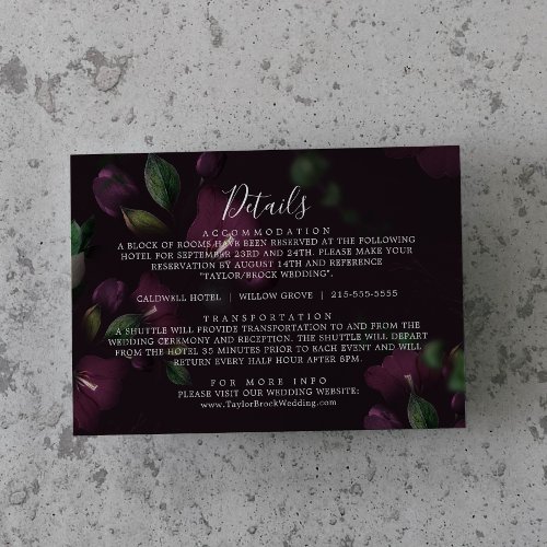 Moody Purple Blooms Pattern Wedding Details Enclosure Card