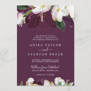 Moody Purple Blooms Plum Formal Wedding Invitation