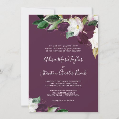 Moody Purple Blooms  Plum Traditional Wedding Invitation