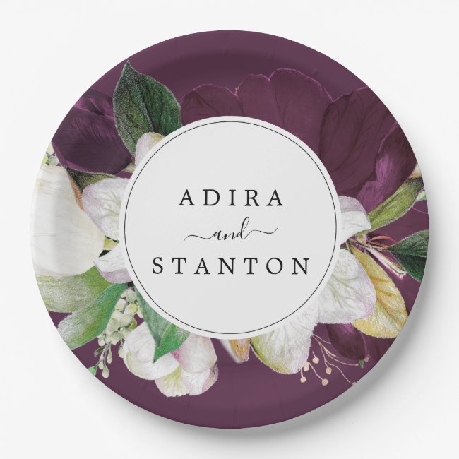 Moody Purple Blooms | Plum Wedding Cake Paper Plate