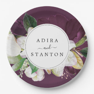 Moody Purple Blooms   Plum Wedding Cake Paper Plates