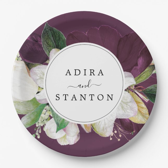 Moody Purple Blooms | Plum Wedding Cake Paper Plates (Front)