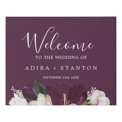 Moody Purple Blooms  Plum Wedding Welcome Faux Canvas Print
