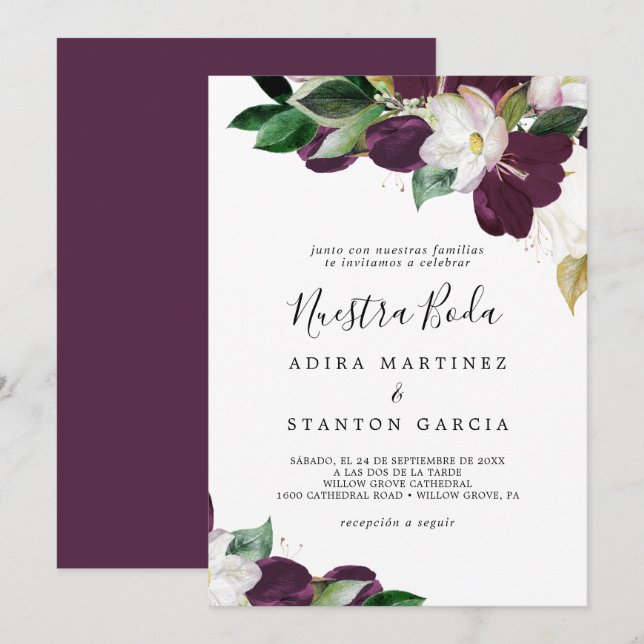 Moody Purple Blooms Spanish Nuestra Boda Invitation (Front/Back)