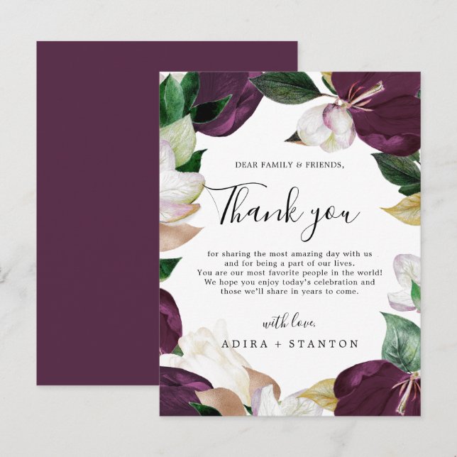 Moody Purple Blooms Thank You Reception Card (Front/Back)