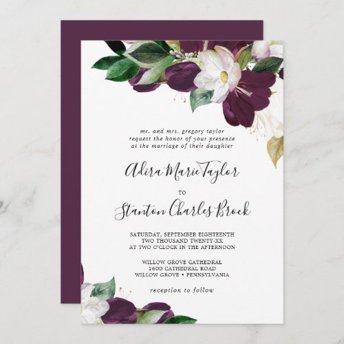 Moody Purple Blooms Traditional Wedding Invitation