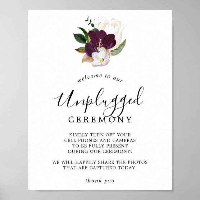Moody Purple Blooms Unplugged Ceremony Sign (Front)