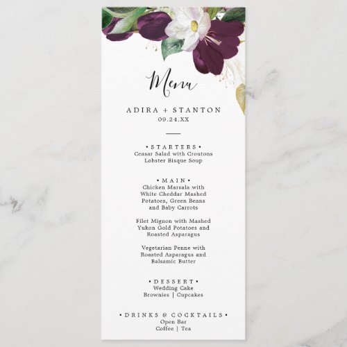 Moody Purple Blooms Wedding Dinner Menu