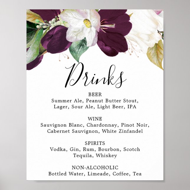 Moody Purple Blooms Wedding Drinks Menu Sign (Front)