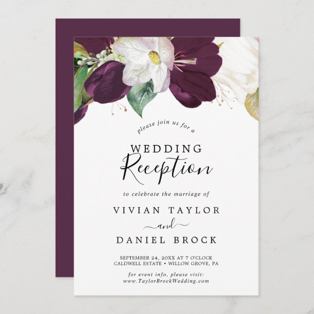 Moody Purple Blooms Wedding Reception Invitation (Front/Back)