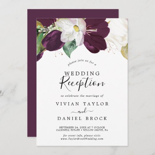 Moody Purple Blooms Wedding Reception Invitation