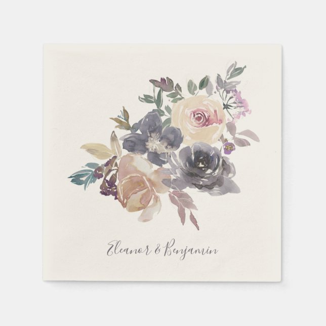Moody Purple Blush Watercolor Floral Wedding Napkins (Front)