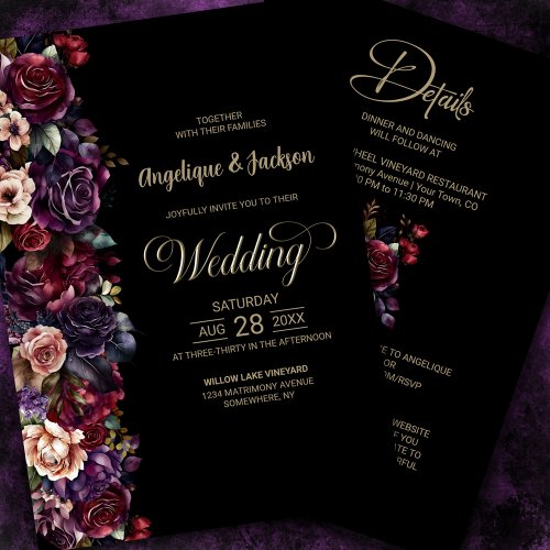 Moody Purple Burgundy All In One Floral Wedding Invitation