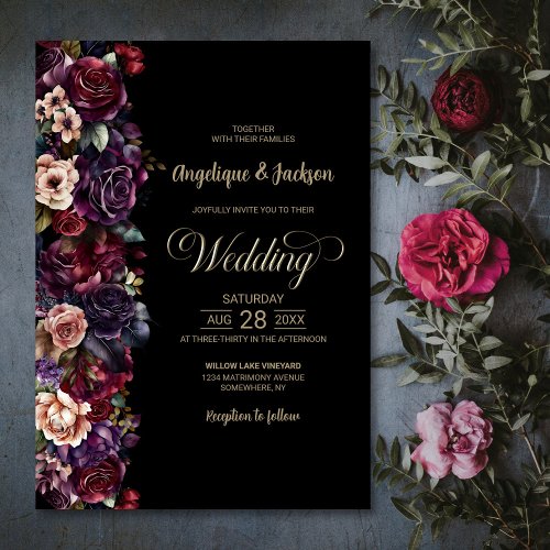 Moody Purple Burgundy Black Floral Wedding Invitation