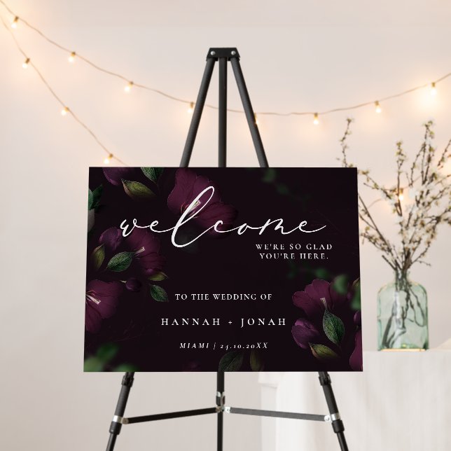 Moody Purple Calligraphy Wedding welcome sign (In Situ (Stand))