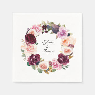 Moody Purple Floral and Fig Wreath Names Wedding Napkins
