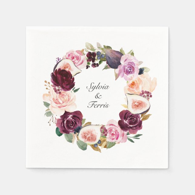 Moody Purple Floral and Fig Wreath Names Wedding Napkins (Front)