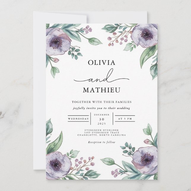 Moody Purple Floral Botanical Wedding Invitation (Front)