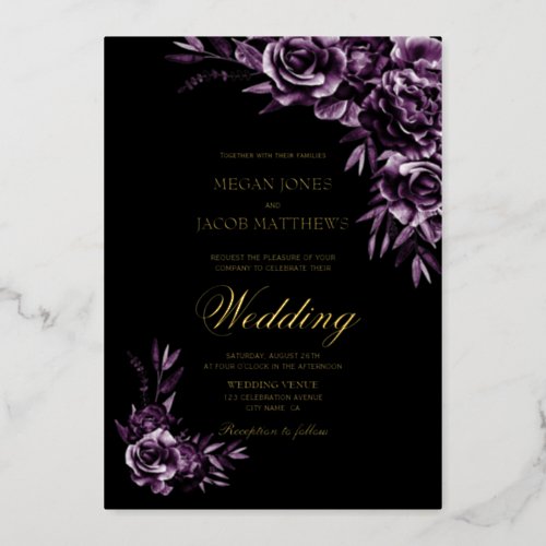Moody Purple Floral Gold Text Wedding Foil Invitation