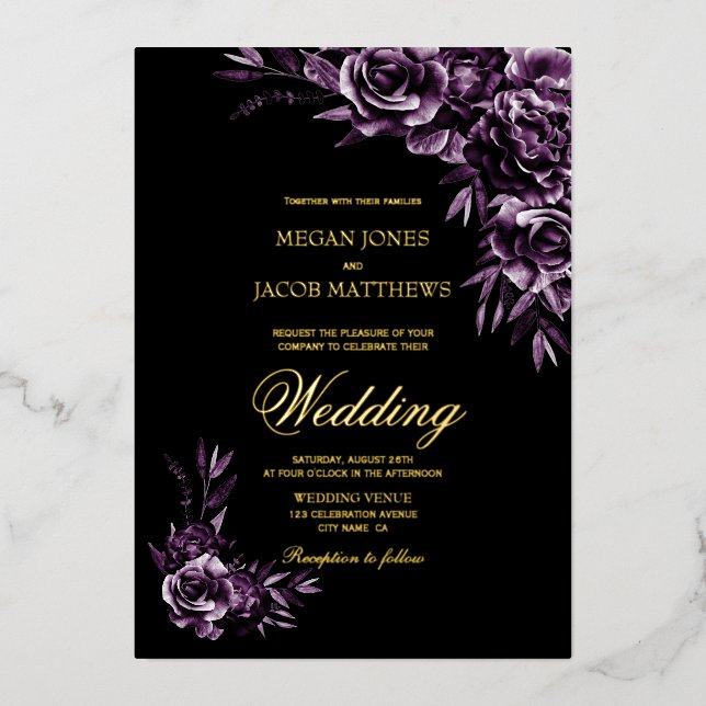 Moody Purple Floral Gold Text Wedding Foil Invitation (Front)