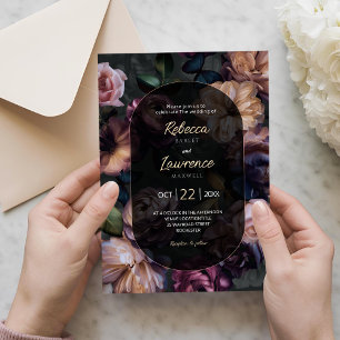 Moody purple florals black wedding invitation