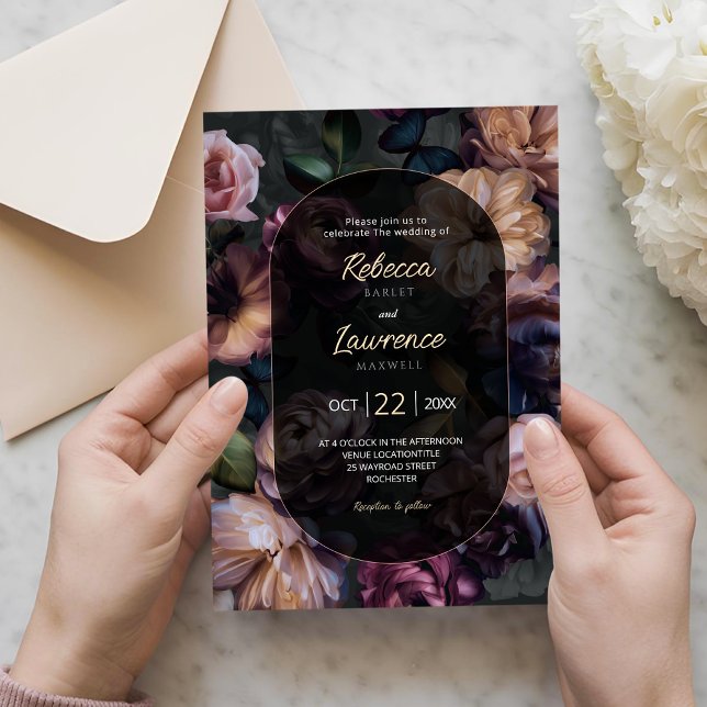 Moody purple florals black wedding invitation (Creator Uploaded)