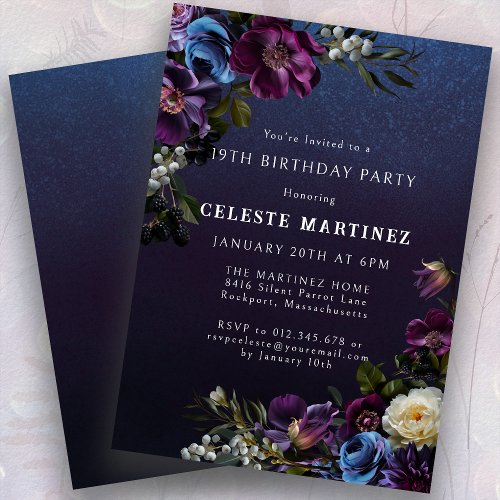 Moody Purple Flowers 19th Birthday Party Invitation