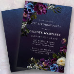 Moody Purple Flowers 21st Birthday Party Invitation<br><div class="desc">Deep purple flowers with pops of white and blue create a moody winter palette. They are nestled in dark green and black foliage. The dark blue watercolor background gives it a gothic vibe and frames the flowers perfectly. It also makes the white text pop. This 21st birthday invitation is downloadable...</div>