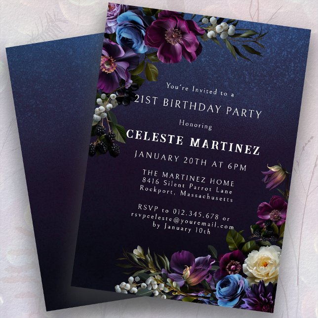 Moody Purple Flowers 21st Birthday Party Invitation (Creator Uploaded)