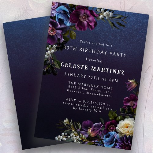Moody Purple Flowers 30th Birthday Party Invitation