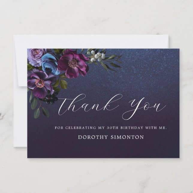 Moody Purple Flowers 30th Birthday Thank You Card (Front)