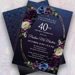 Moody Purple Flowers 40th Birthday Party Invitation<br><div class="desc">Sophisticated and moody dark purple roses and wildflowers create a chic floral design. Pops of white and blue add visual interest and depth. Berries and fruit add to the sultry design. Together, they decorate an elegant multi-strand oval gold frame. The invitation back has a subtle geometric vintage pattern. This 40th...</div>