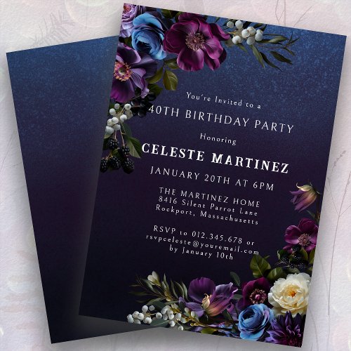 Moody Purple Flowers 40th Birthday Party Invitation