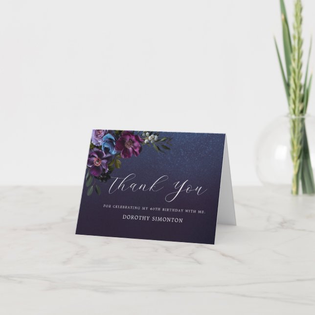 Moody Purple Flowers 40th Birthday Thank You Card (Front)