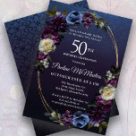Moody Purple Flowers 50th Birthday Party Invitation<br><div class="desc">Sophisticated and moody dark purple roses and wildflowers create a chic floral design. Pops of white and blue add visual interest and depth. Berries and fruit add to the sultry design. Together, they decorate an elegant multi-strand oval gold frame. The invitation back has a subtle geometric vintage pattern. This 50th...</div>