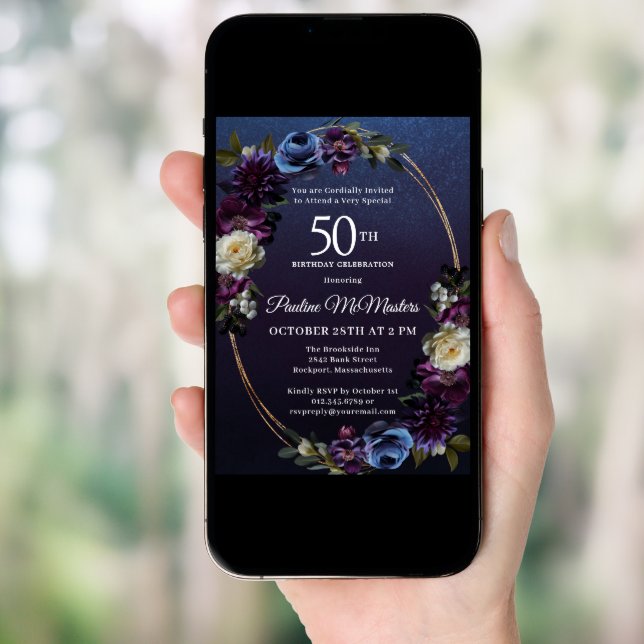 Moody Purple Flowers 50th Birthday Party Invitation (Front Digital)
