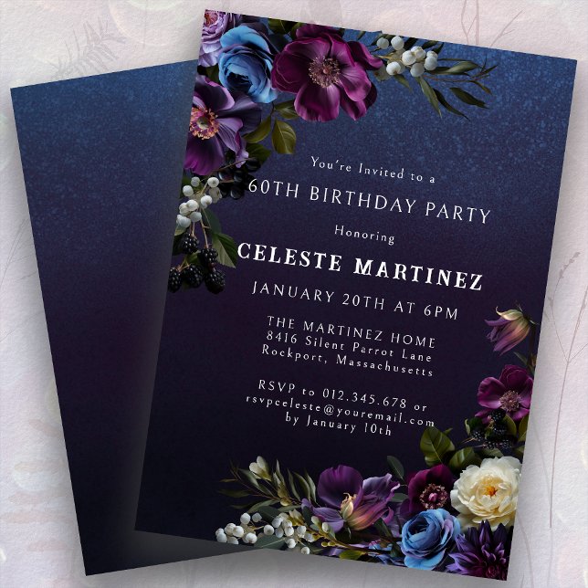Moody Purple Flowers 60th Birthday Party Invitation (Creator Uploaded)