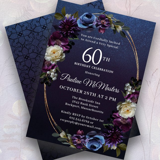 Moody Purple Flowers 60th Birthday Party Invitation (Creator Uploaded)