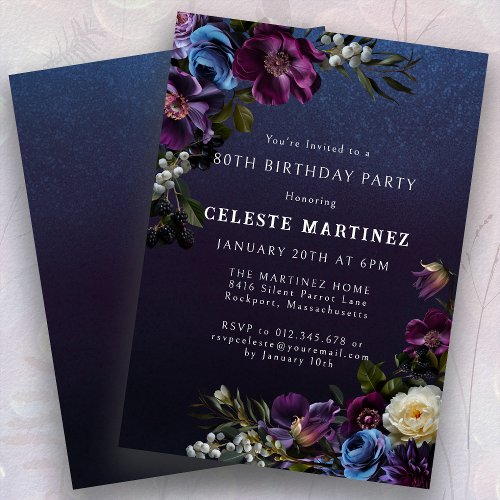 Moody Purple Flowers 80th Birthday Party Invitation