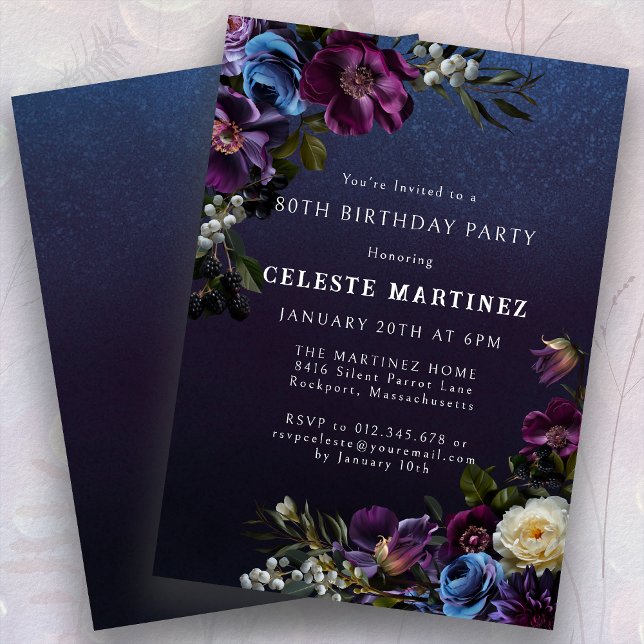 Moody Purple Flowers 80th Birthday Party Invitation (Creator Uploaded)