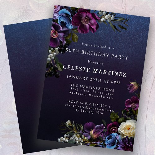 Moody Purple Flowers 90th Birthday Party Invitation