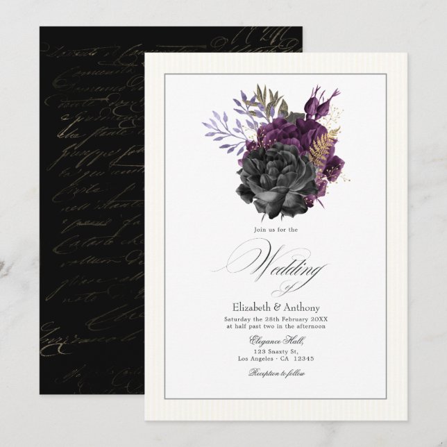 Moody Purple, Gold and Black Floral Wedding Invitation (Front/Back)