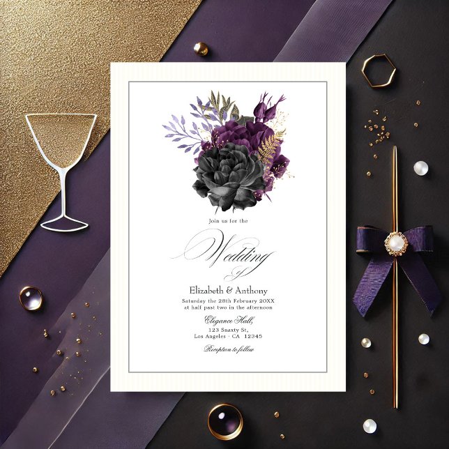 Moody Purple, Gold and Black Floral Wedding Invitation (Moody Purple, Gold and Black Floral Wedding Invitation)